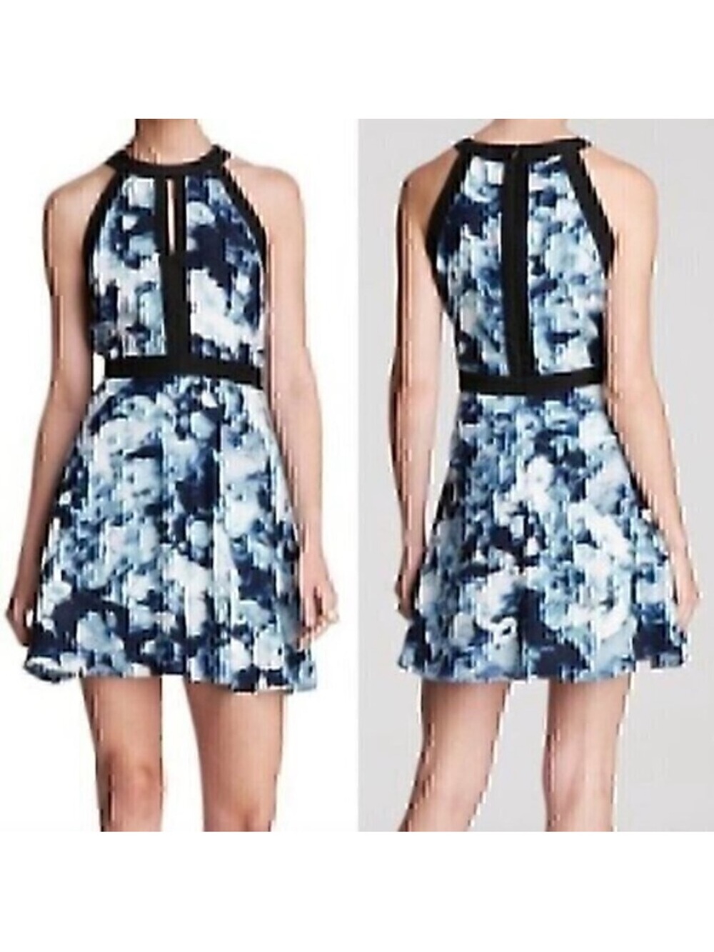 PARKER Nika Keyhole Dress Blue Floral Black Trim Sleeveless SILK Mini Fit Flare